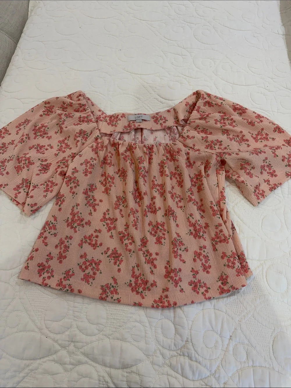 LOFT Blush Pink Floral Square-Neck Peasant Blouse